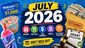 Illustrated featured image for a July 2026 roundup showing a Walmart gift card, free frozen treats, cash, grants, and a settlement envelope, highlighting free food, giveaways, financial assistance, and important July deadlines.