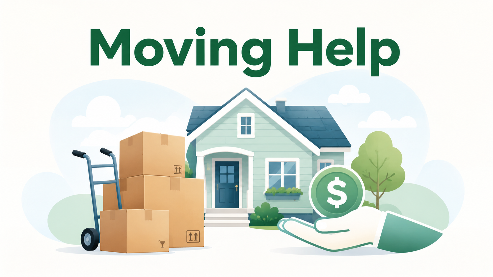 Illustrated moving boxes, hand truck, house and dollar sign representing help with moving costs