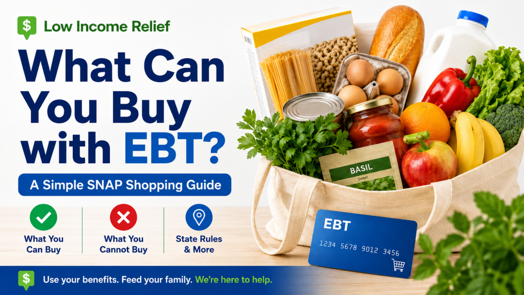 Grocery bag filled with EBT-eligible foods beside an EBT card for a SNAP shopping guide.