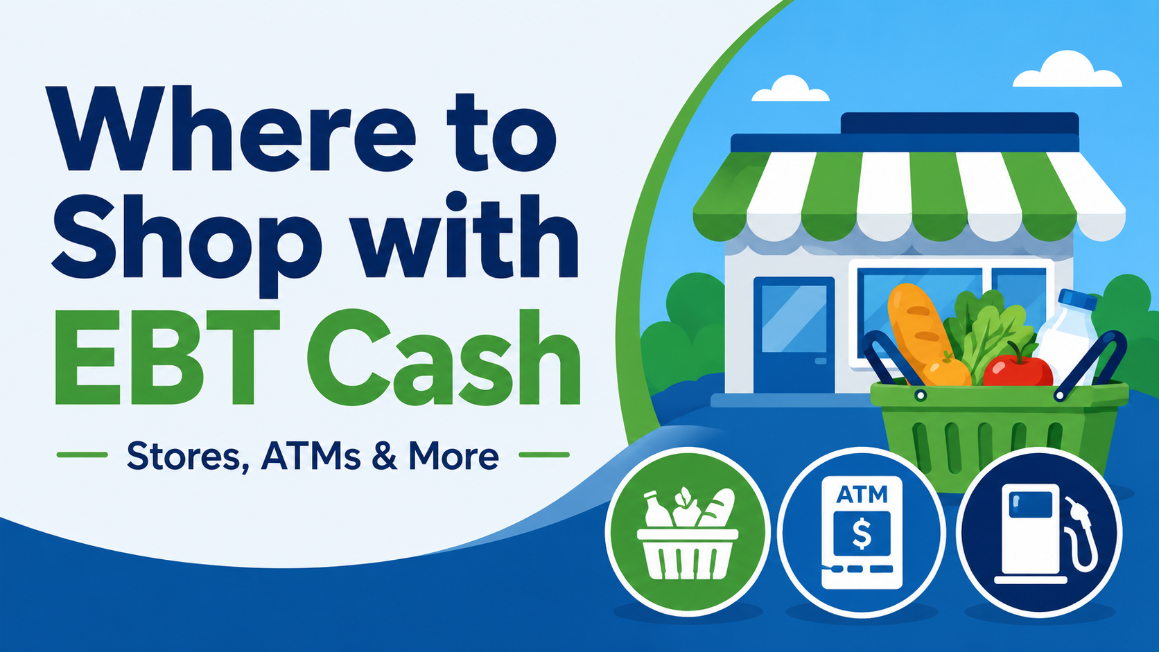 Illustration with the words “Where to Shop with EBT Cash,” showing a grocery store, shopping basket, ATM, and gas pump icons.