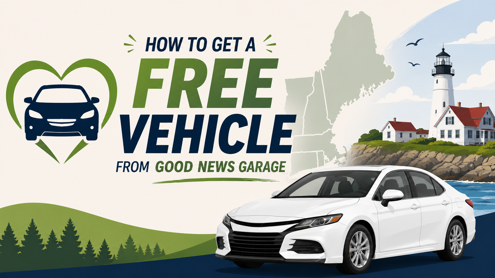 Good News Garage free vehicle program featured image with a white car, New England map, and coastal lighthouse scene.
