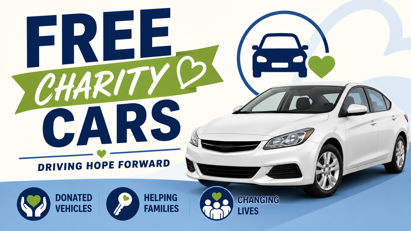 Featured image for Free Charity Cars showing a white car with charity, donated vehicle, and helping families graphics.