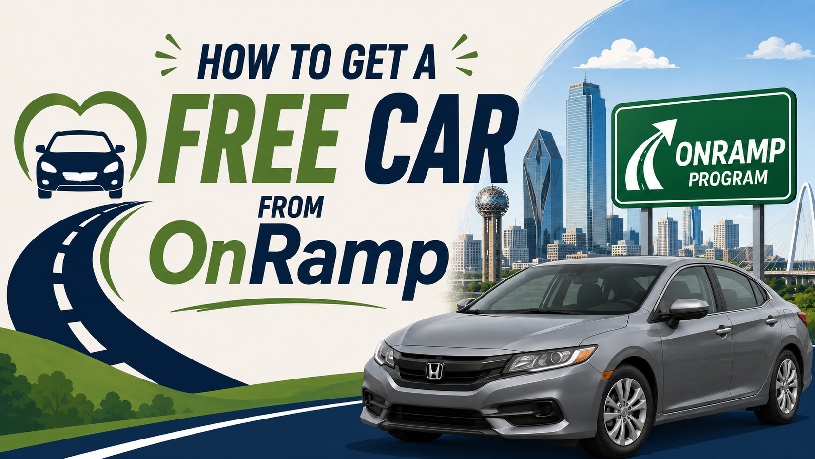 Featured image for the OnRamp Program showing a gray sedan, highway sign, and city skyline with text about getting a free car through the program.