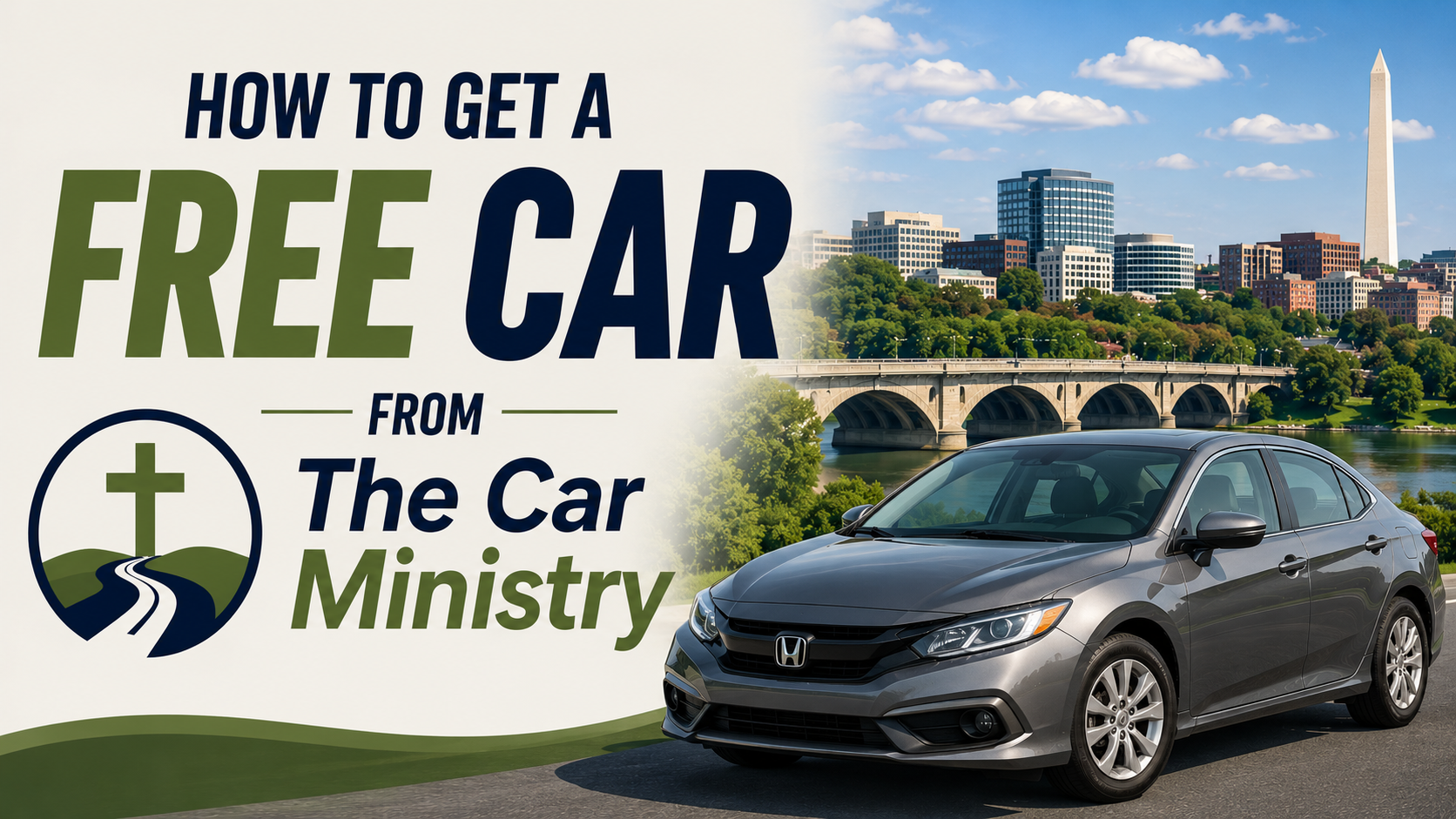 Featured image for The Car Ministry showing a silver sedan with a Northern Virginia and Washington, D.C. skyline, representing a program that helps eligible families receive donated vehicles.