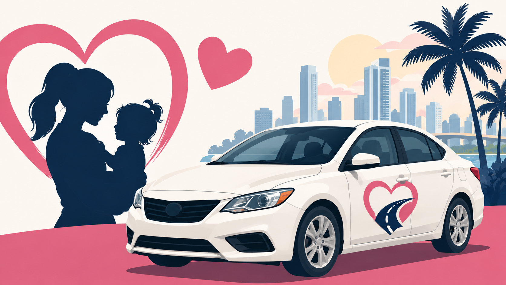 Illustrated white sedan with heart logo beside a mother and child silhouette, set against a South Florida skyline with palm trees, representing the Wheels from the Heart program that provides vehicles to eligible single mothers